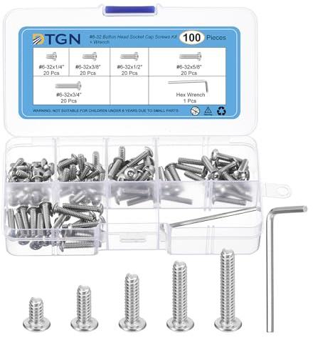 DTGN 100Pack #6(D) Button Head Socket Cap Screws Kit - 1/4,3/8,1/2,5/8,3/4 (L) 304 Stainless Steel UNC Thread Hex Socket Cap Screw Assortment with S5/64 Wrench - Good for Machine