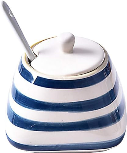 JOEBO Rawken Sucrier Vintage en céramique Peint à la Main avec Couvercle et cuillère, Accessoires de Bar à café, ZRO-007, bleu/301 (Color : Blue-White)