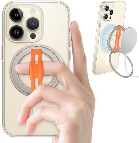 EWA MagOne 2nd Gen [Compatible with MagSafe] Phone Grip Stand with Replaceable Silicone Finger Strap, Removable Magnetic Ring Holder Kickstand Loop, for iPhone 15, 14, 13 Pro/Max/Plus (Champagne)