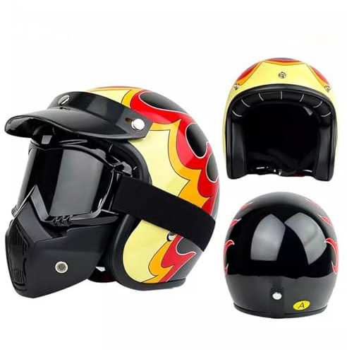QJWMatic Motorrad-Halbhelm 3/4 Retro-Jet-Helm Mit Schutzbrille Roller-Tourenhelm Für Moped-Cruiser Herren Und Damen DOT/ECE-Geprüft C,L57-58CM