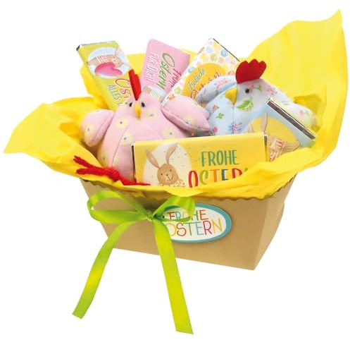 STEINBECK Ostern Geschenk-Körbchen 5x Mini-Schokolade und 2x Stoff-Huhn