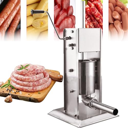 URJWAN Vertikaler Manueller FüLler, Einstellbare Geschwindigkeit, Robuster Edelstahl-WurstfüLler, FleischfüLler Mit 4 FüLlrohren, FüR Zuhause Und Gewerbe, Silber,5L