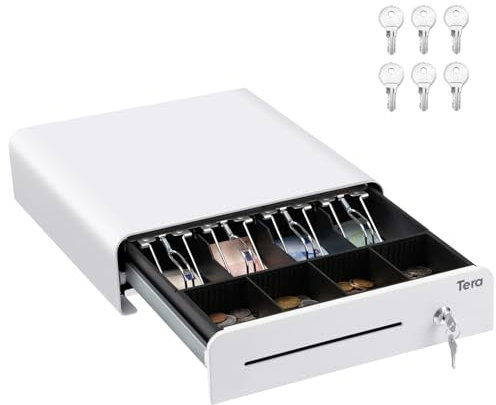 Tera Kassenschublade 13 Zoll: Automatische Öffnung mit 6 Schlüsseln schwere Ausführung 4 Scheinfächer 4 Münzfächer Geldfach Medieneinschub 24V RJ12 Schlüsselschloss POS-Systeme kleine 335R Weiß