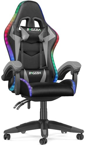 bigzzia RGB Gaming Chair with LED Lights and Ergonomic Computer Chair Reclining PU Leather High Back Video Game Chair with Headrest Adjustable Lumbar Support Linkage Armrest for Adults (Black/Grey)