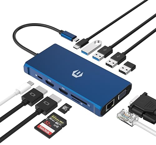 OBERSTER USB C Dockingstation, 12 in 1 Dreifach Display HUB mit 2 x 4K HDMI, VGA, 2 USB 3.0 Anschlüssen, USB C Gigabit Ethernet (1 Gbit/s), kompatibel für Windows, Laptop