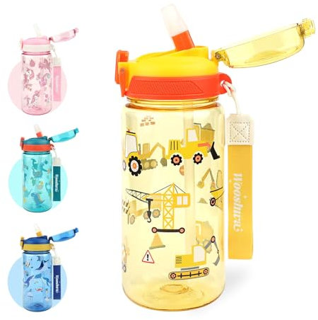 wooshwa Gourde Enfant avec Paille, Pour Garçons, Anti-Fuite, Étanche, 600 ml Bouteille Enfant sans BPA, Verrouillage Sécurisé, Bouteilles d'eau pour Maternelle l'école Sport, Excavatrice
