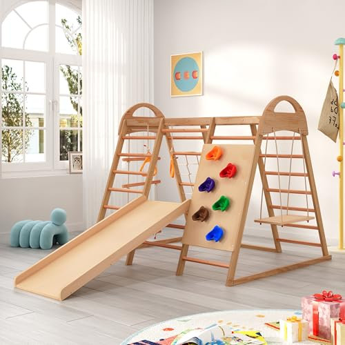7 en 1 estructura de escalada de madera para niños para interiores y exteriores, columpio, escalera de escalada, tobogán de tablas de escalada, una red para escalar, piedra de escalada de plástico,