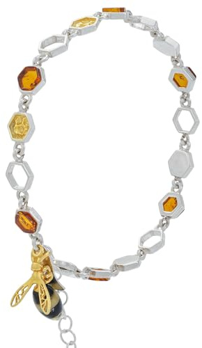AMBEDORA Bracciale da donna in argento sterling con ape e ambra, argento sterling lucidato e dorato, ambra color cognac, Ambra