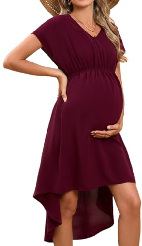Hobrounn Robe de maternité pour femmes avec encolure en V, manches courtes, taille haute, robes d'été pour femmes enceintes, mode de maternité, robe de mariage, rouge bordeaux, L