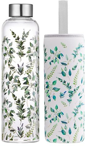 Autsel Gourde en Verre 1 Litre avec Housse en Néoprène - Bouteille d'Eau Artistique en Borosilicate, Étanche, Réutilisable, sans BPA