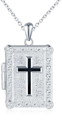 MICMIF Argento 925 Foto Medaglione Libro con Croce Collana Donna Uomo Ciondolo Portafoto Personalizzata, Collana Locket Apribile per 2 Foto, Catena 45+5cm per Famiglia Amico Amante