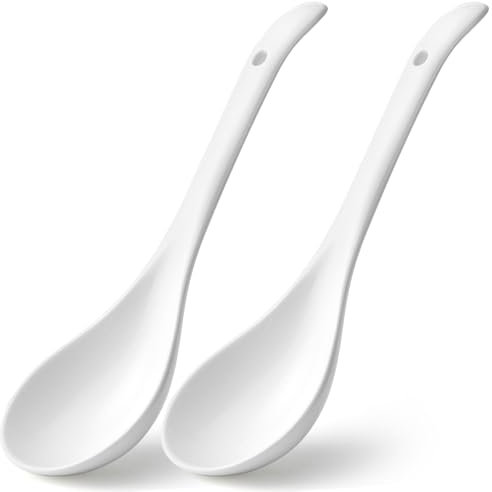 Large Soup Spoons Ceramic Serving Spoons for Miso Soup Ramen Pho Dumpling Cooking Spoons (2 White S)