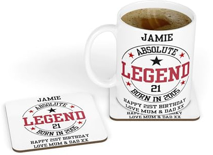21st Birthday Gift for Men Him - Personalised Absolute Legend Born in 2005 21st Birthday Design Ceramic Tea & Coffee Mug & Coaster Gift Set