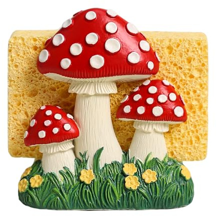 Bicuzat Resin Mushroom and Flower Shape Sponge Holder for Kitchen Sink, Compact Sink Caddy Organizer, Scouring Pad and Dish Sponge Holder