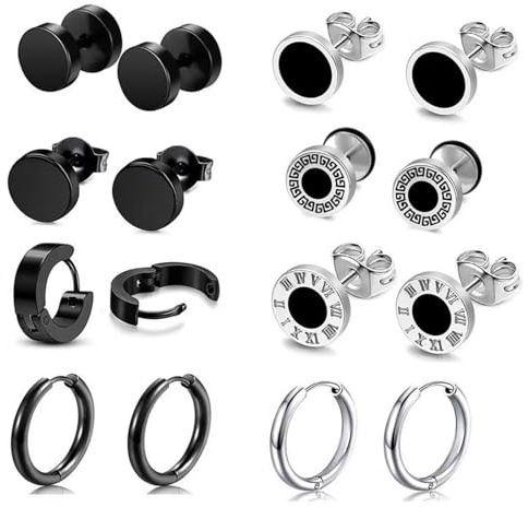 EDLMKM 12 Pairs Mens Stud Earrings, Stainless Steel Hoop Earrings, Black Earrings for Men, Hypoallergenic Black Huggie Hoop Earrings for Men