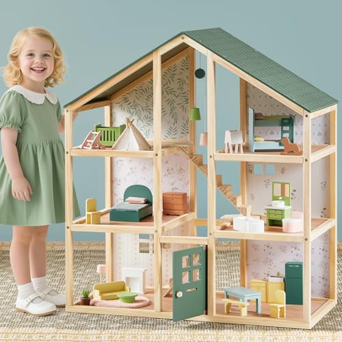 Tiny Land Wooden Dollhouse for Girls - 6 Rooms Wooden Doll House | DIY Pretend Doll House with 31Pcs Furniture Accessories, Creative Gift for Girl Ages 3+,Green