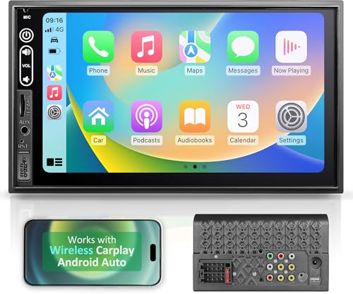 Double Din Car Stereo Compatible with Wireless Apple Carplay, Android Auto - 7 Touch Screen Car Audio Receiver with Bluetooth, AUX, FM Car Radio