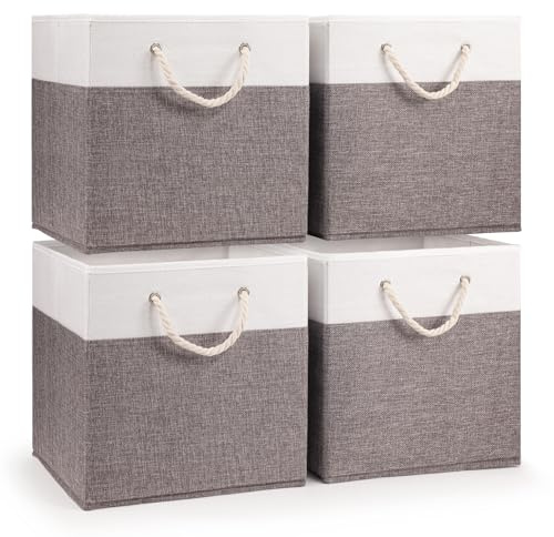 woodluv Storage Cube Boxes Large, Set of 4 Foldable Storage Basket for Cupboards, Shelves, Closet, Set of 4, Grey, 30 x 30 x 30 cm