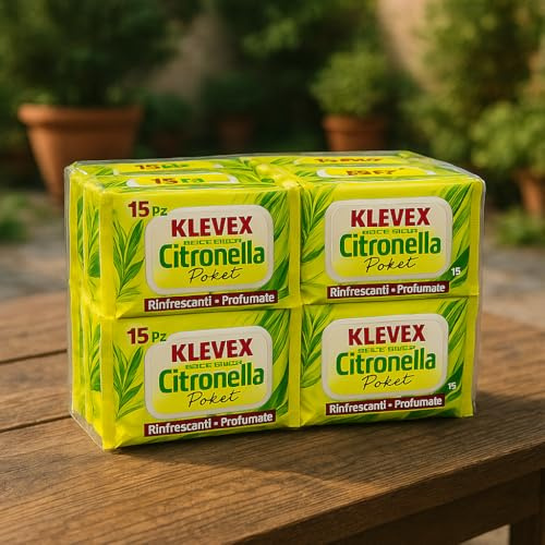 Klevex Salviettine Imbevute alla Citronella 12/24/48 Pacchetti da 15 – Rinfrescanti, Detergenti e Profumate, Con Fragranza Naturale che Aiuta a Difendere la Pelle e Garantire Freschezza e Pulizia (12)
