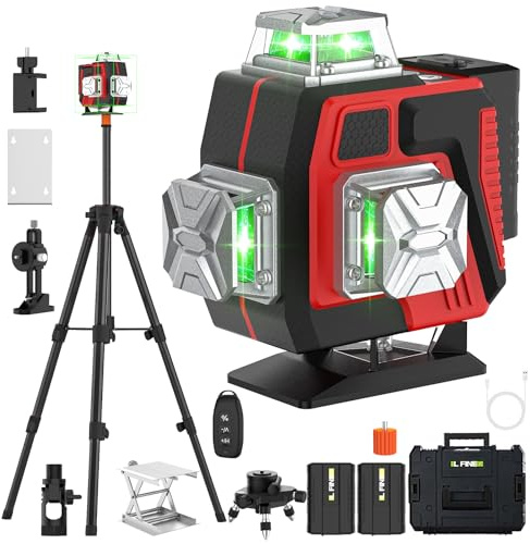 Niveau laser avec Trepied, 4D 16 Lignes Niveau Laser 360 Autonivelant avec 2 x 2400 mAh Batterie, Laser Chantier avec Télécommande pour les Travaux de Construction et de Bricolage d'Intérieur (Rouge)