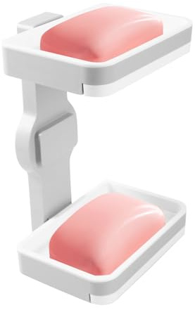 Seifenschale mit Ablauf Seifenhalter Dusche Ohne Bohren, Weiß Grau Doppelwandige Soap Dish Holder Wall Mounted, Schwammablage Regale für Badezimmer und Küche