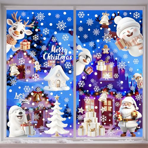 Moxled 174 Fensterbilder Weihnachten Selbstklebend, Weiß Fensterdeko Weihnachten, Wiederverwendbar Statisch Haftende PVC Aufkleber für Fenster Tür Winter Schneeflocken Weihnachtsdeko
