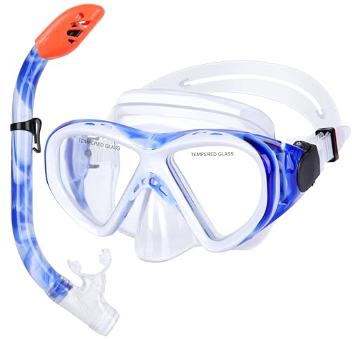 KUYOU Kids Snorkel Set Dry Top Snorkeling Gear,180°Panoramic Wide View Swimming Diving Mask for Kids Youth Boys Girls Junior Age 5-12 (Blue+White)