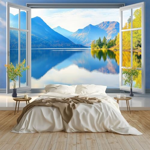 Vlies Fototapete Fensterblick Berge und Meer 350 x 256 cm – 3D Wandtapete mit Naturpanorama – Vliestapete Wandbild Fototapete für Schlafzimmer Wohnzimmer Büro – Blau, fotorealistisch, modern