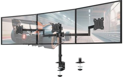 Monitor Halterung 3 Monitore 13-27, VESA 75/100, je 10kg, voll verstellbar | Triple Halterung, Höhenverstellbar, Ergonomisch Tischklemme, Schwarz, Neigung & Drehung verstellbar, Homeoffice & Gaming