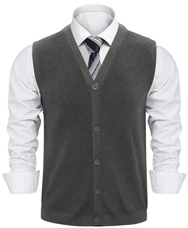 Sykooria Gilet Maglia Uomo Smanicato Cotone con Bottoni Cardigan Scollo a V Basic per Tutti i Giorni Ufficio Tempo Libero, Grigio Scuro XL