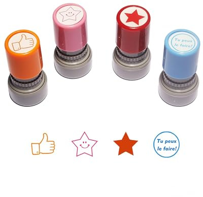 Lot de 4 Tampons Enseignants Français, Auto Encreur Tampons – Multicolore | Encrage, automatique rapide, et propre, idéal pour la correction, efficace des cahiers en classe