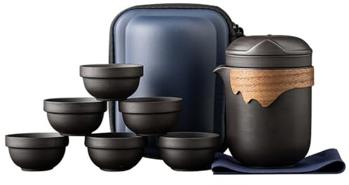 Service à thé chinois compact : 1 théière en céramique et 6 tasses – Parfait pour les voyages, le camping et le bureau – Élégant coffret cadeau noir de présentation pour les amateurs de thé