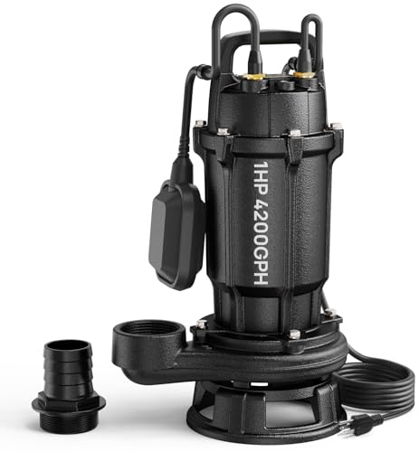 Aquastrong 1 HP Sewage Grinder Pump, 4200 GPH Sewage Pump 2 inch Discharge, Cast Iron Sump Pump Submersible with Auto Float Switch for Basement Sump Basin and Sewage Well, Black