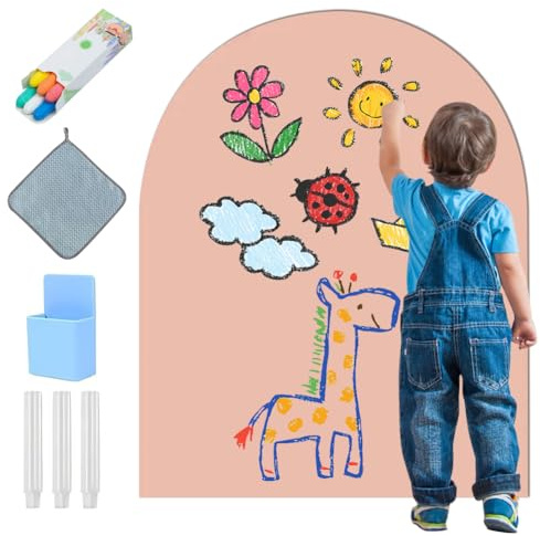 Pizarra magnética infantil de 80 x 100 cm, pizarra magnética con rotuladores de tiza, soporte de tiza, caja de almacenamiento y paño de limpieza, pared magnética arqueada para niños y niñas (rosa)