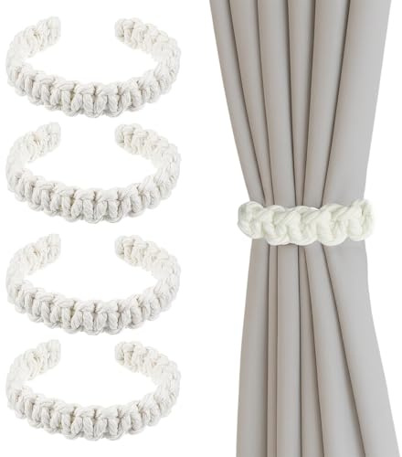 4er Set Raffhalter für Vorhänge - Handgeflochtene Gardinenhalter aus Baumwolle, Boho Vorhang Halter ohne Bohren, Gardinenraffer mit Stahlkern