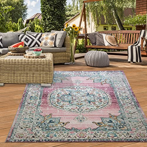Teppich-Traum In- & Outdoor Teppich Vintage Blumen Rosa 140x200 cm | Pflegeleicht, schmutzabweisend, farbecht und strapazierfähig, allergikergeeignet, für Balkon, Terrasse, Garten und Pavillon
