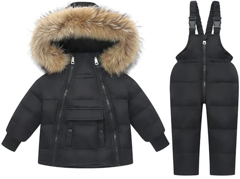Snödräkt för barn, 2-delat set med pufferdunjacka med huva + snö haklapp byxor ultralätt skiddräkt vinterskidkläder set vindtät vattentät skiddräkt, Svart, 110