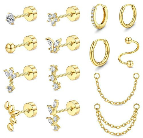 nuneoeuo 14 PCS Gold Earrings Gold Flat Back Earrings, Helix Earring Set, Helix Piercing Jewellery Tragus Hoop Tragus Earrings Jewellerys