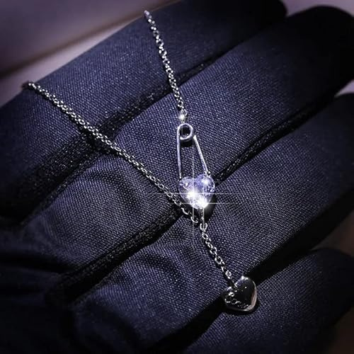 DZBERH 925 Silber Sicherheitsnadel Anhänger Strass Kristall Halskette für Frauen Gliederkette Schmuck Halskette für Frauen