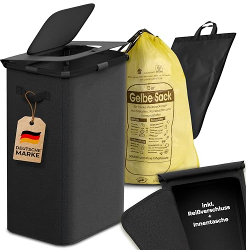 COTTARA® Gelber Sack Ständer Mülleimer mit Deckel – Metallrahmen, Schwarz | Müllsackständer für gelbe Säcke mit Reißverschluss hinten für einfache Handhabung –praktischer Magnetdeckel, 60-120L Behälter