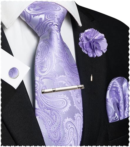 JEMYGINS Paisley Bordado Diseño Corbata Set Hombre Pañuelo de Bolsillo Clip de Corbata, Gemelos Flor para Boda Fiesta Negocios Multicolor, Color lila., M