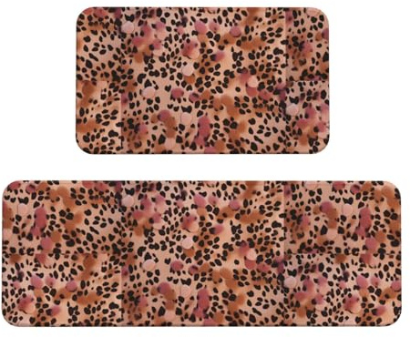 Dots on Leopard Print Kitchen Rugs Set of 2, Cushioned Anti-Fatigue Kitchen Mats for Floor, Waterproof Comfort Standing Mat Absorbent Velvet Kitchen Runner Rugs 17x30+17x47