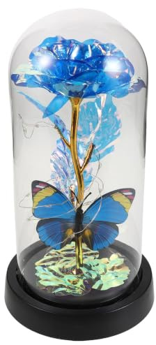 ABOOFAN Rose Éternelle sous Cloche en Verre avec Papillon en Feuille d'or et Lumière LED Douce pour Décoration Maison et Présent pour Maman