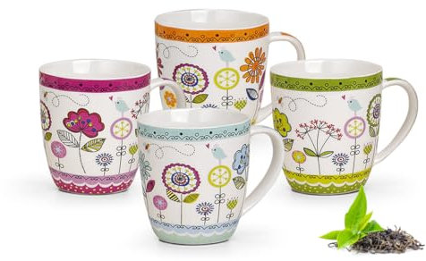 Schöne Tassen 4er Set mit bunten Blumen im Landhausstil - Porzellan Kaffeebecher in 350ml für Cappucchino Kaffee Tee - Moderne Kaffeetassen spülmaschinenfest und mikrowellengeeignet als Geschenk
