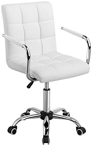 Yaheetech White Office Chair with Wheels and Armrests, Modern PU Leather Desk Chair, Mid-Back Adjustable Executive Chair, 360° Swivel