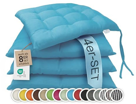 ZOLLNER 4er Set Sitzkissen in 40x40cm - gemütliche Stuhlkissen mit Bindebänder - waschbar bis 30°C - in türkis - Oeko Tex® Zertifiziert