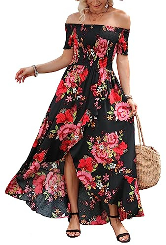 Kormei Women Short Sleeve Off Shoulder Floral High Low Flowy Summer Party Long Maxi Dress M Black&Red