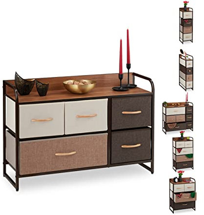 Relaxdays Schubladenschrank, 5 Stoff Fächer, Ablage, Wohnzimmer Schränkchen, Nachtkommode HBT 58 x 87,5 x 31,5 cm, braun