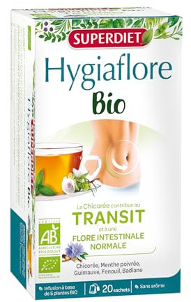 SUPERDIET – HYGIAFLORE TRANSIT INFUSION BIO – Transit et Flore intestinale – Goût menthe poivrée - Phytothérapie – Fabrication Française – 20 sachets