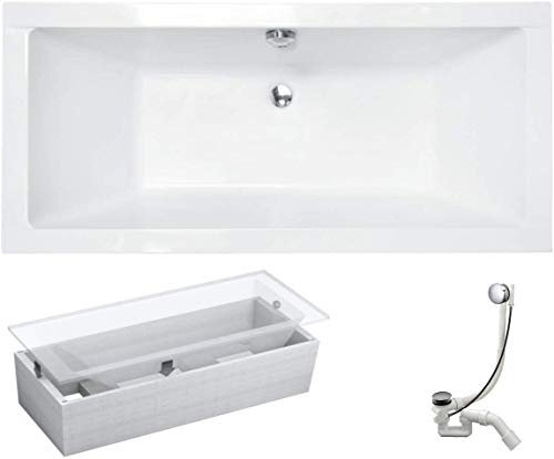 VBChome Badewanne 180x80 cm Acryl Rechteckig – Set mit Styroporträger, Ablaufgarnitur Chrom & Siphon – Modernes Design, Weiß, für 2 Personen
